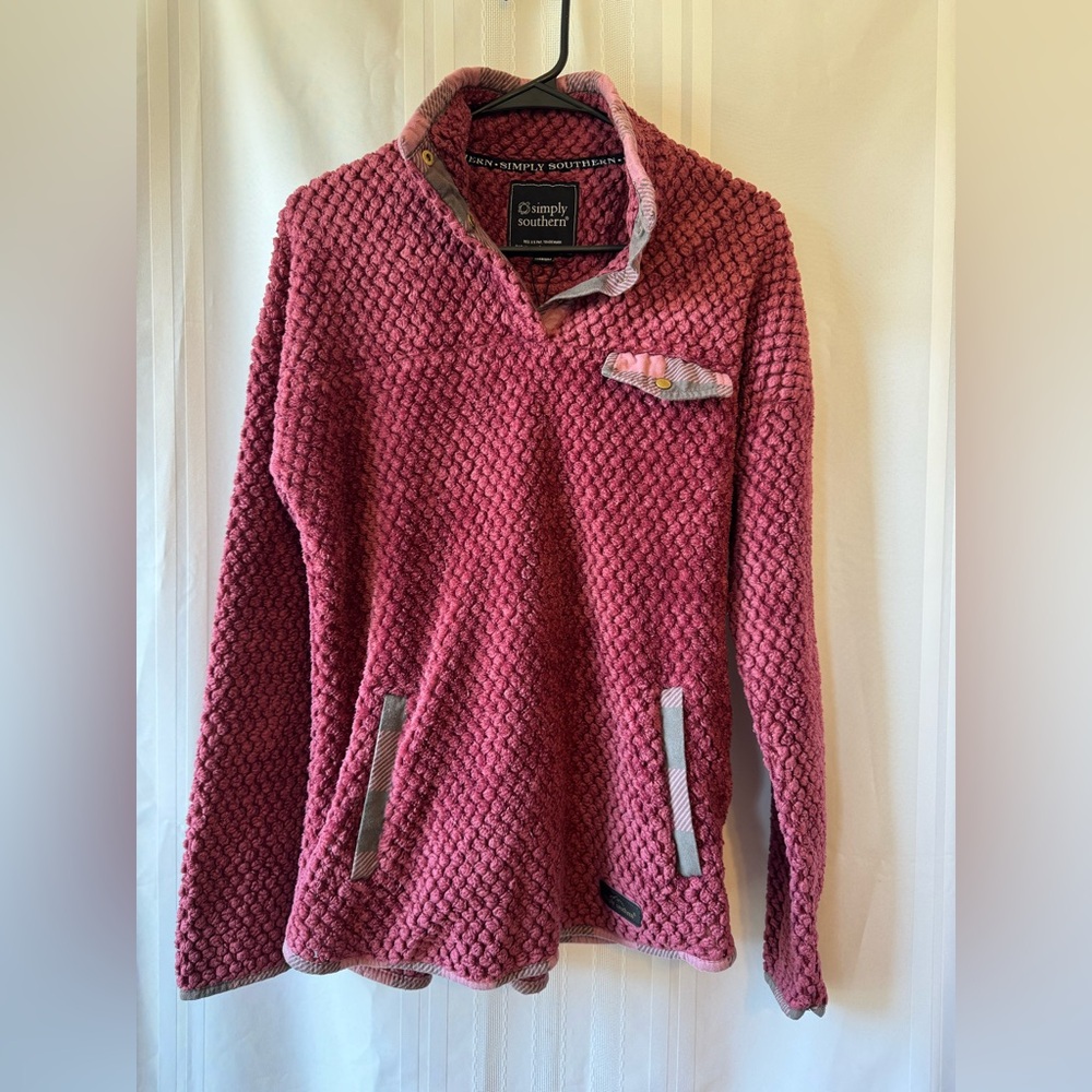 Simply Southern Deep Rose Burgundy Snap Neck Fleece Pullover Size Medium EUC